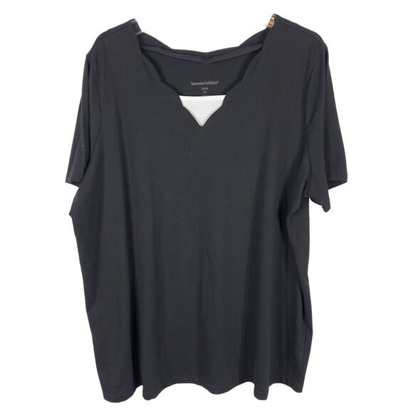 Woman Within Plus Size 1X 22W‎ 24W Top Black Short Sleeve Scalloped Neck 1603 - Picture 1 of 5